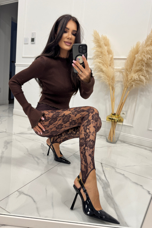 Brązowe legginsy koronkowe z zapiętką i gumką w pasie KAMIL 185