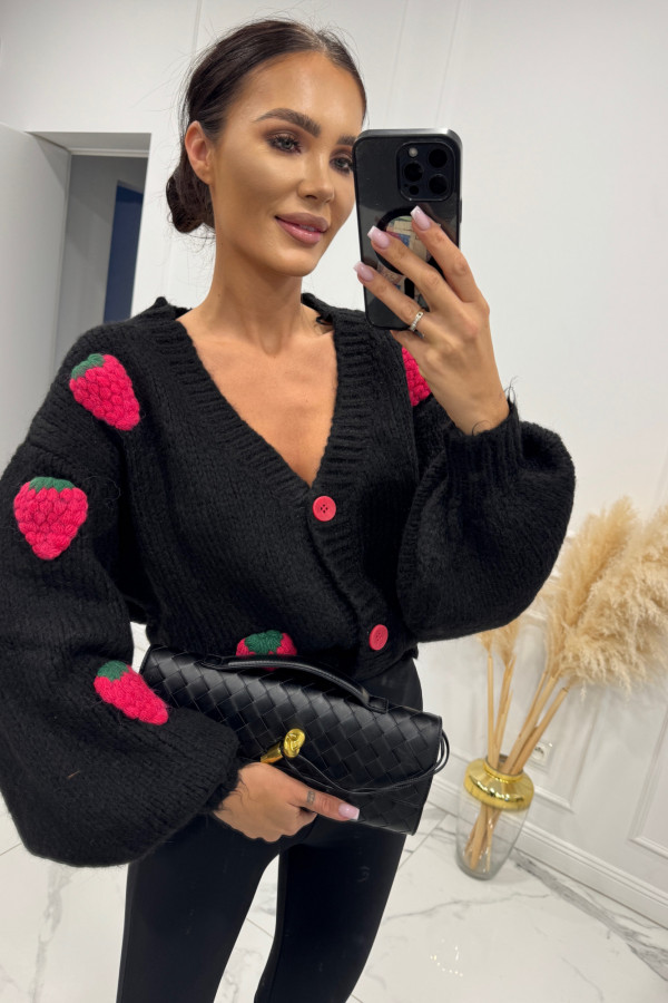 Sweter z różową poziomką 3D czarny LESSA 31