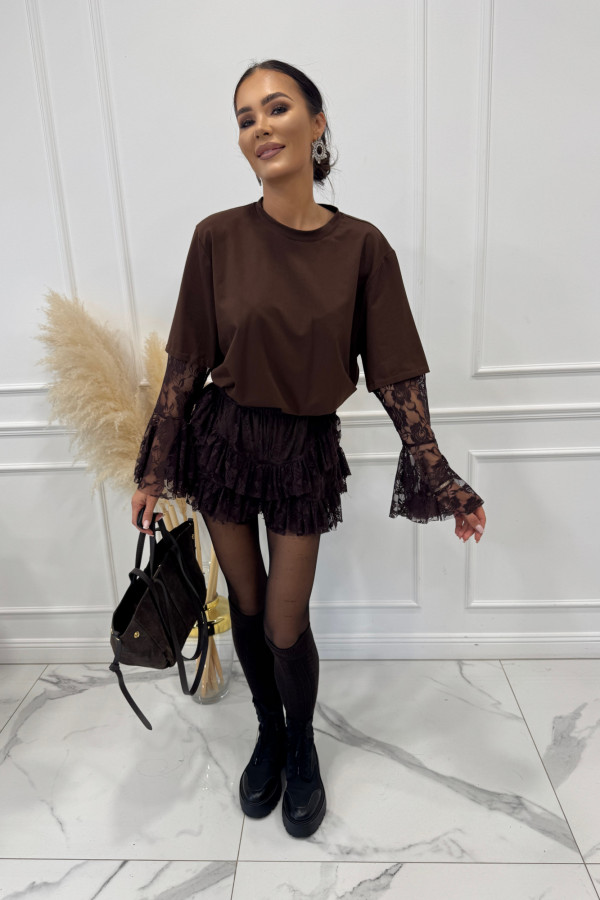 Brązowa bluzka oversize z koronkowymi rękawami JESSA 173