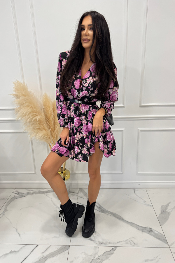 Czarna sukienka mini na długi rękaw w fioletowe kwiaty Musa 172