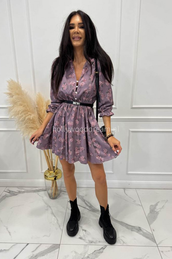 Fioletowa sukienka mini na długi rękaw w różowe kwiaty Musa 172