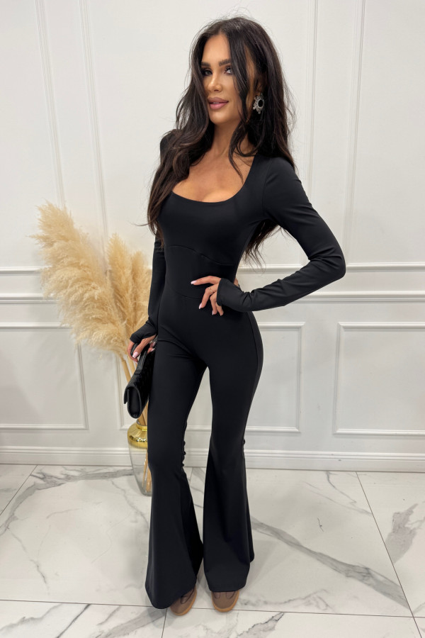 Czarny kombinezon modelujący z dekoltem karo+ dzwony JAŚMINA 173