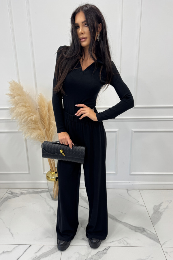 Czarny komplet bluzka z kołnierzem+ spodnie szerokie z wełną POLA 183